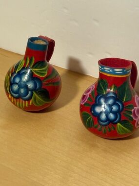 Hand-Painted Red Floral Mexican Folk Art Gourds, Set of 2